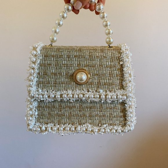 Handbags - Beige Tweed Pearl White Detail Purse Crossbody